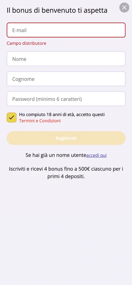 Modulo di registrazione Stellare Casino